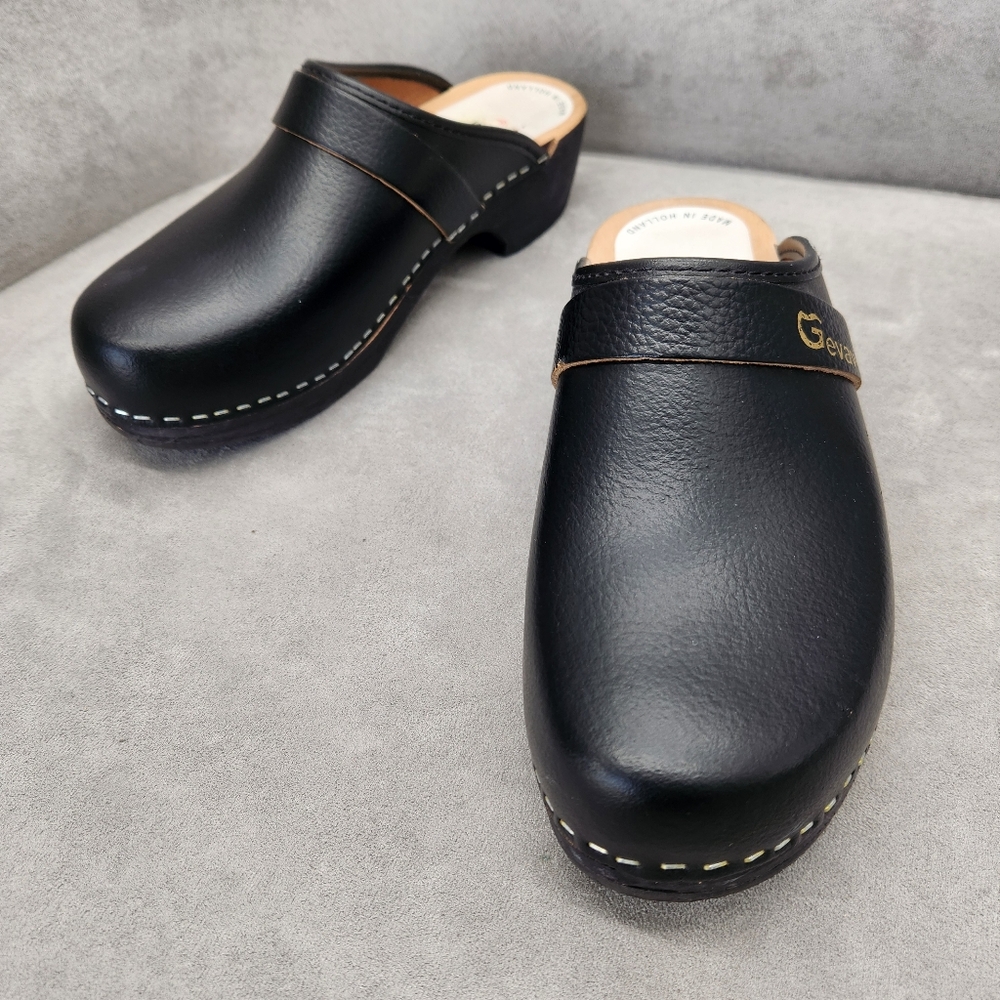 Gevavi Clogs 10.5 Black Leather Wooden 9200 Unisex Dutch Work Handmade Holland